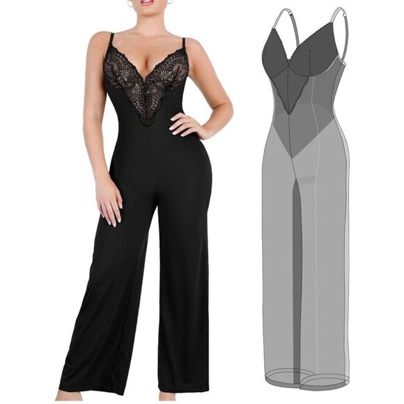 NWT Popilush The Shapewear Built-in Lace Backless V Neck Wide Leg Bodysuit - Picture 1 of 16